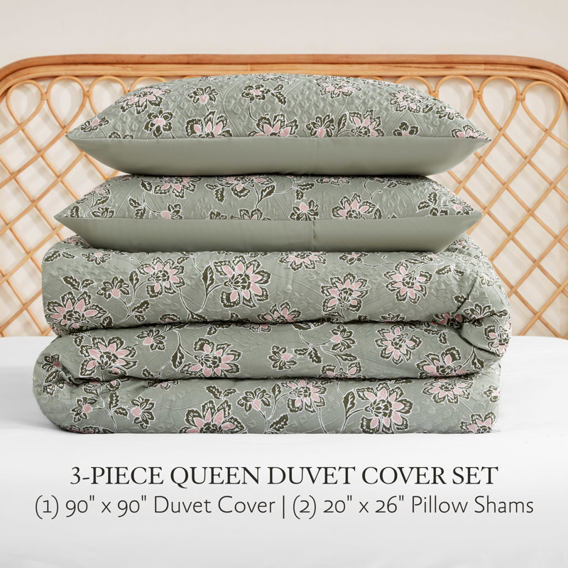 Botanical Embossed Polyester Bedding Set, Queen Duvet Cover + 2 Standard Shams