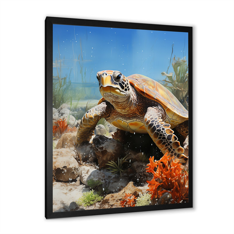 Aquarelle d'une tortue par le capitaine de la côte sur toile, Cadre simple noir, H 40 po x l 30 po x P 1,5 po