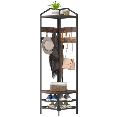Coat Rack Corner Hall Tree, Industrial 4-Tier Coat Rack With Shoe Storage, 8 Movable Hooks And 2 Shelves