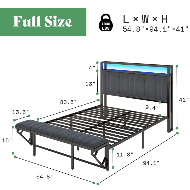 Tryston Full Size Bed Frame With Footstool,upholstered Headboard,led Lights,Gray, Gray, Full