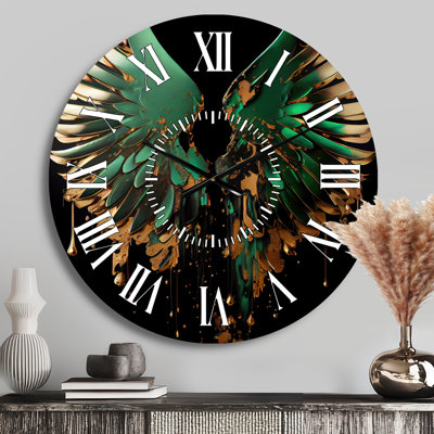 Green And Gold Angel Wings II - Contemporary Glam White Face Wall Clock