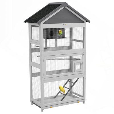 Volière à oiseaux en bois, cage à oiseaux extérieure de 67 po avec plateau coulissant, trois portes, nichoir, échelle, perchoirs pour pinsons, perruches, gris