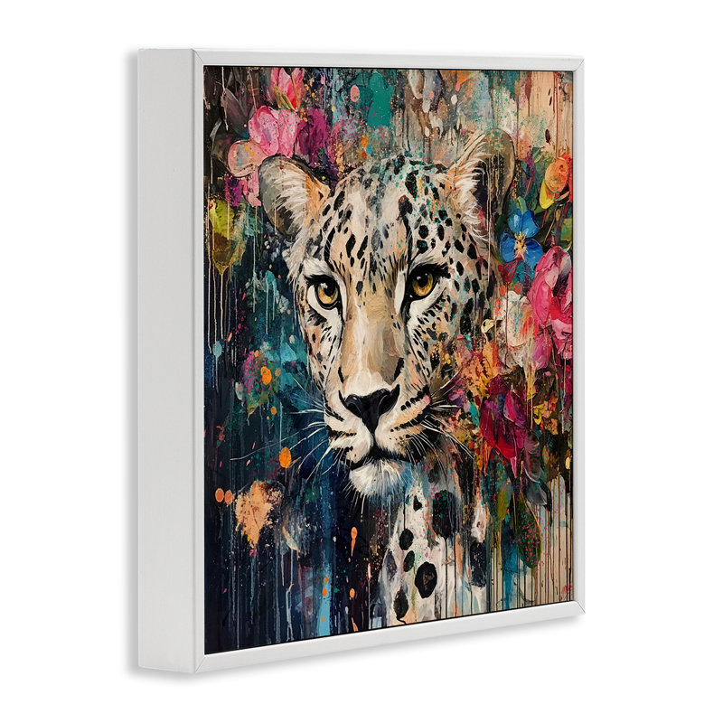 Guépard et fleurs exotiques, estampe numérique, design par Marta Wiley, Encadrement giclée blanc côtier, H 17 po x l 17 po