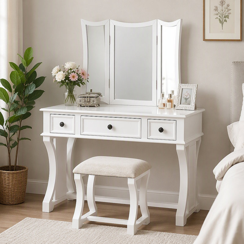 Ensemble de coiffeuse moderne unique pour chambre à coucher avec tabouret, miroir pliable, tiroirs, placage en MDF, meuble de toilette 1 pièce