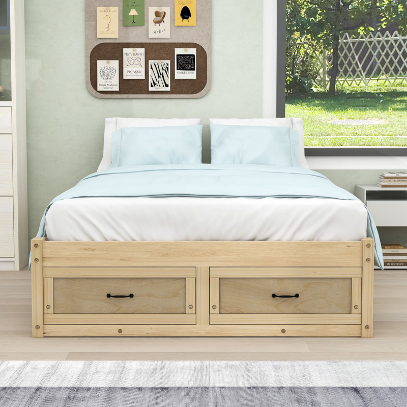 Lit plateforme en bois avec tiroirs et lattes, Naturel antique, Double