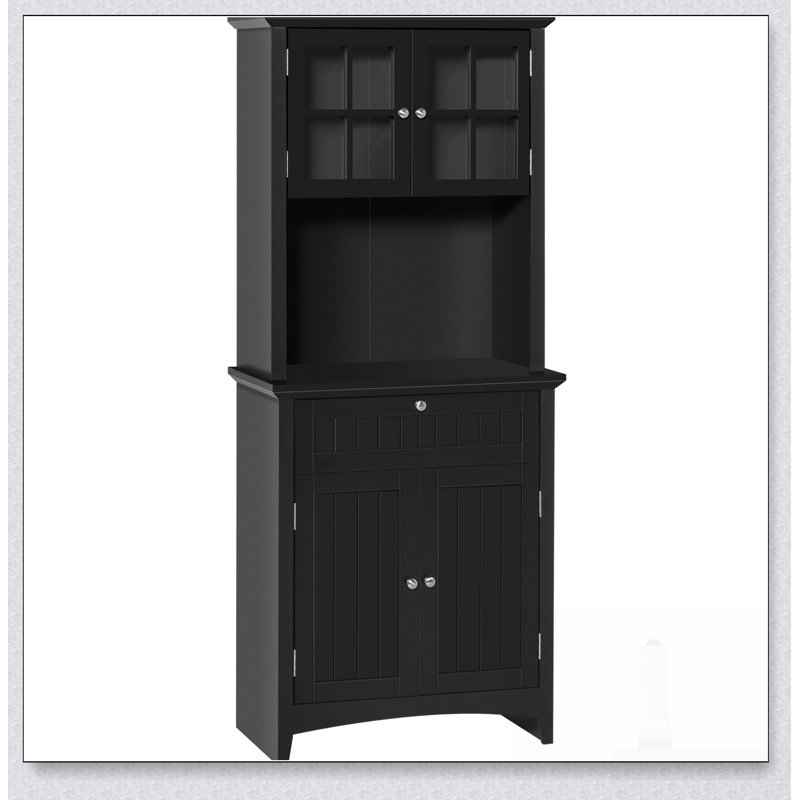 Elegant Buffet With Hutch, Kitchen Pantry Storage Cabinet With Framed Glass Door, Drawer, And Microwave Space, Black