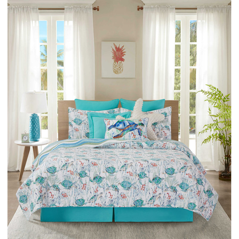 Sea Turtle Cove King Size Blue Cotton Reversible Quilt Set