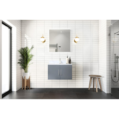 30 po L x P 22 po. Meuble-lavabo gris foncé avec comptoir en marbre et miroir à DEL, fermeture en douceur, grand rangement et comptoir protégé contre les rayures