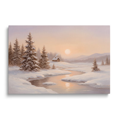 Tableau multicolore sur toile représentant un paysage de chalet d'hiver, une œuvre d'art murale picturale représentant une rivière enneigée, idéale pour le salon, la salle à manger et la chambre.