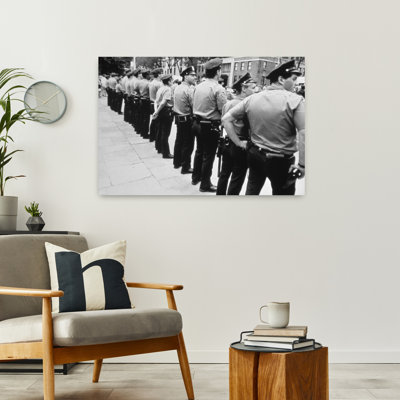 Black And White Photograph Of Group Of Police Officers Standing On Street Side By Side, New York City, Usa Contemporary City Architecture Wall Art