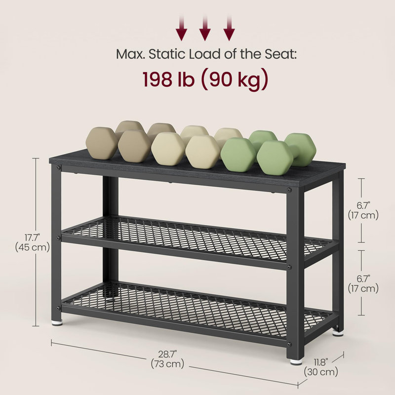 3-Tier Shoe Bench with Metal Mesh Shelves, Black and Black