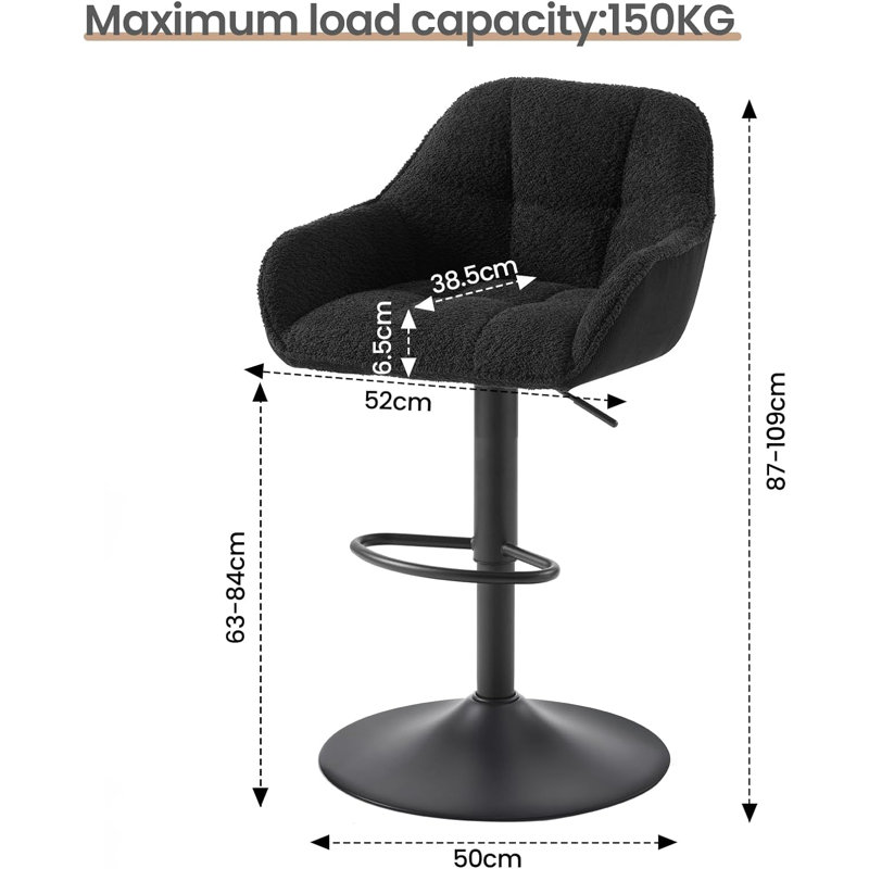 Akber Swivel Upholstered and Chenille Adjustable Height Bar Stool with Steel Frame, Black