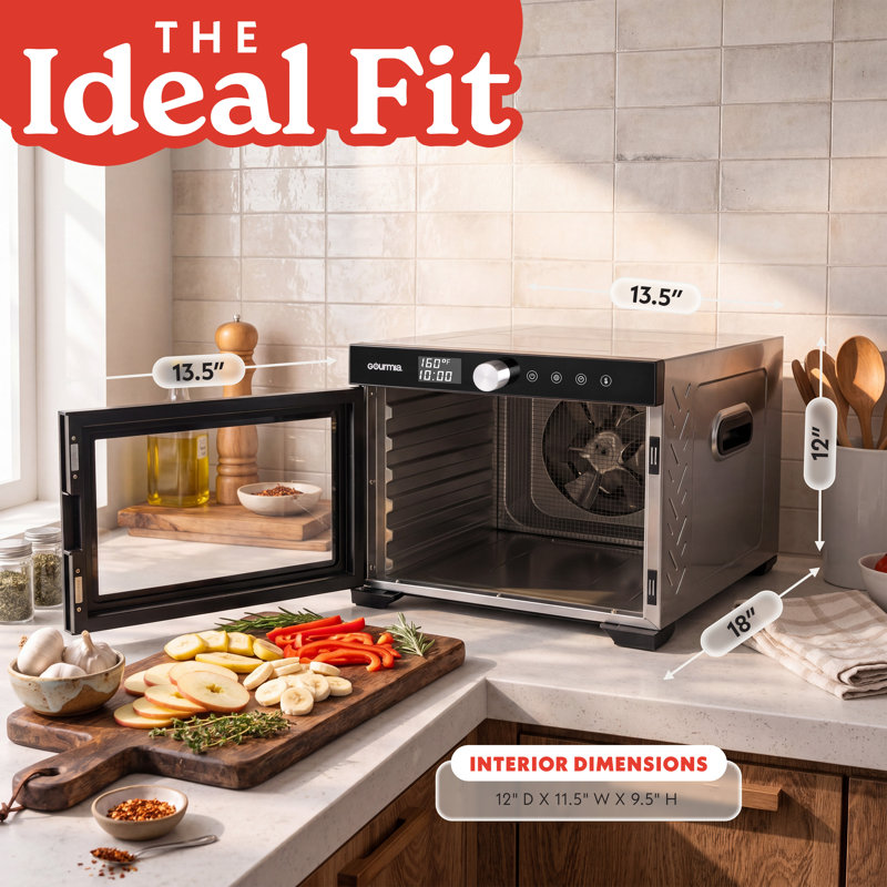 Gourmia 6 Tray Digital Food Dehydrator with 360° Airflow, Glass Door, Stainless Steel Trays, Timer & Temperature Control