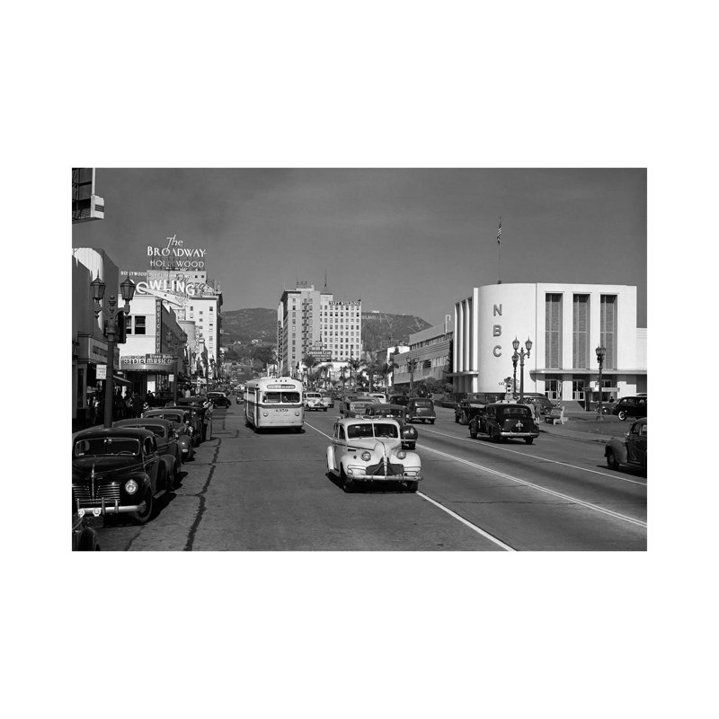 1940s Street Scene View Down Vine Street NBC Studio The Broadway Hotel Near Sunset Boulevard Hollywood Los Angeles USA - Wrapped Canvas Print