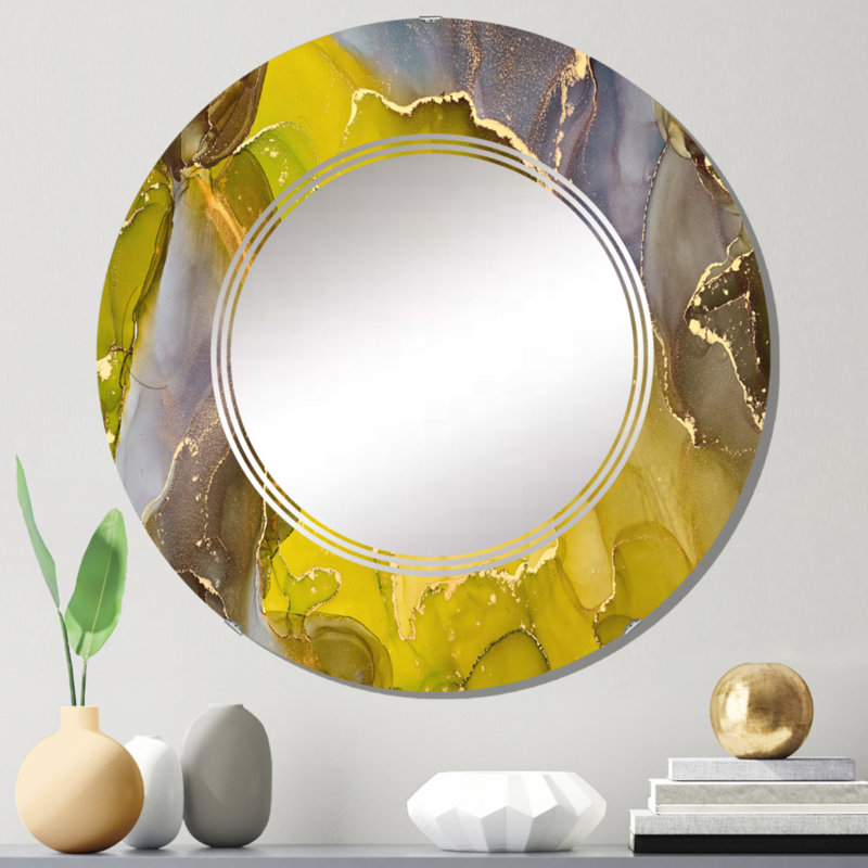 Jaune fluide de luxe abstrait - miroir mural moderne rond, 24 po x 24 po