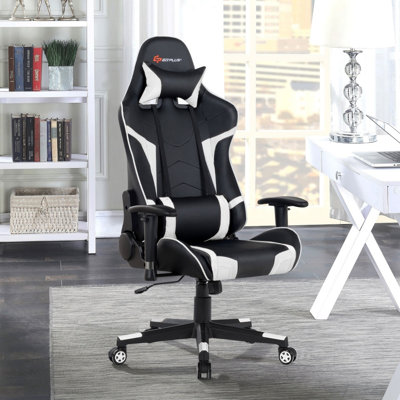 Fauteuil de jeu de massage inclinable et pivotant avec support lombaire, blanc