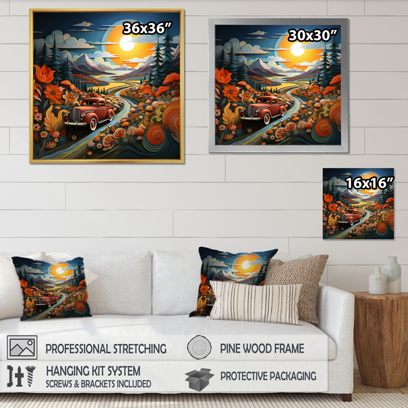 Camionnette rétro route I - impression, Toile tendue, H 16 po x l 16 po x P 1 po