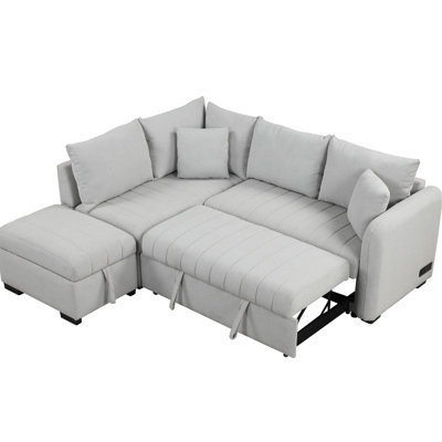 Gray L-Shaped Pull Out Bed , With Movable Storage , 2 Ports, Power Sockets And A Sleeper Gray, Featuring Storage, Back Construction