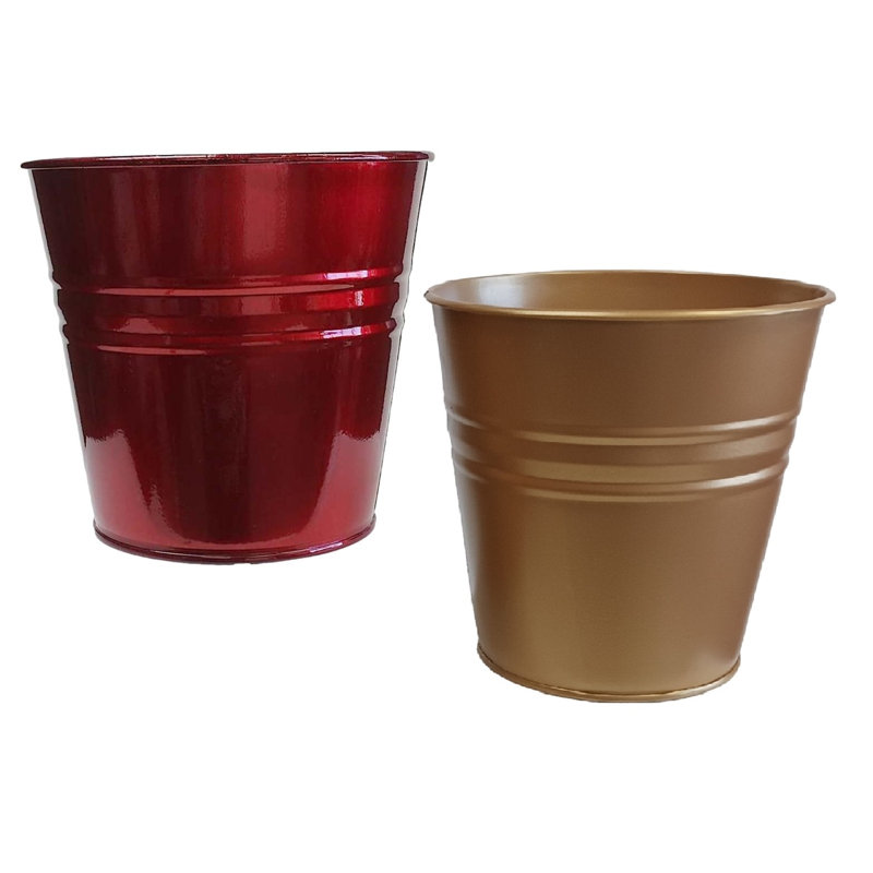 Enameled Galvanized Steel Planter For 6.5" Plants. Set Of Two, Red/Gold