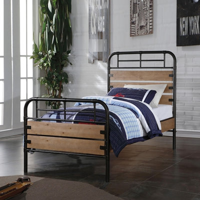 Lit à deux panneaux avec cadre en métal et panneaux en bois, sommier requis, design bas, 6 lattes, matériau en pin neuf, contreplaqué, métal, couleur chêne, profondeur 77,04 po, largeur 43,1 po, hauteur 53,13 po, poids 69,83 lb