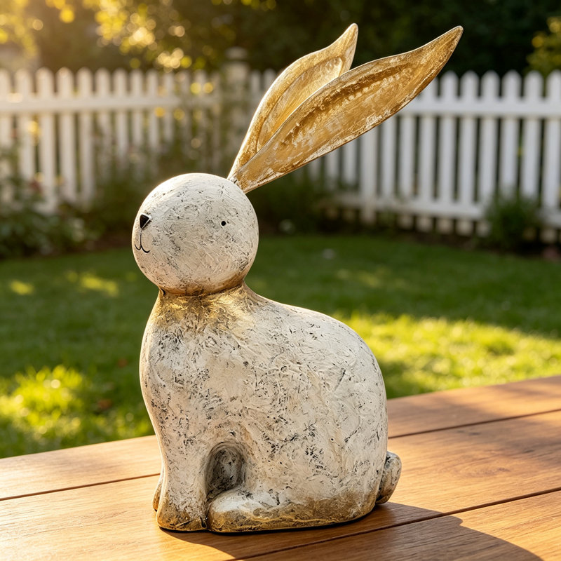 Charmante figurine de lapin en magnésium blanc avec oreilles en fer doré, parfaite pour un décor moderne et rustique