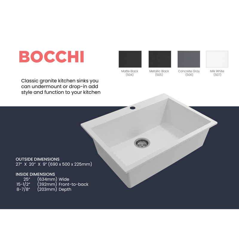 Campino Single Basin Kitchen Sink, 8" H x 20" W x 27" L