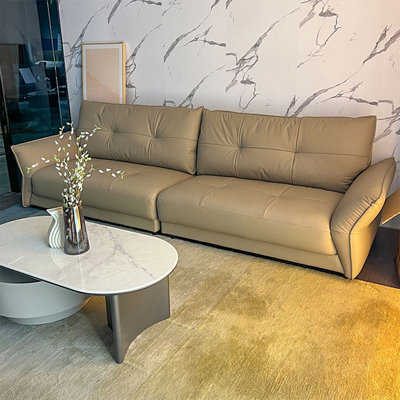 109.06" Khaki Top Grain Leather Minimalist Modular Sofa Couch