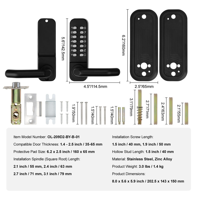 Serrure mécanique sans clé pour porte d'entrée, clavier à 14 chiffres, ensemble de serrures encastrées pour portail extérieur avec clavier et poignée, alliage de zinc étanche, facile à installer, garage, cour, abri de jardin