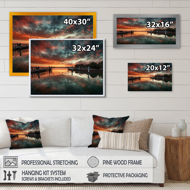 " Sunset Over Port III ", Black Picture Framed, 12" H x 20" W x 1" D