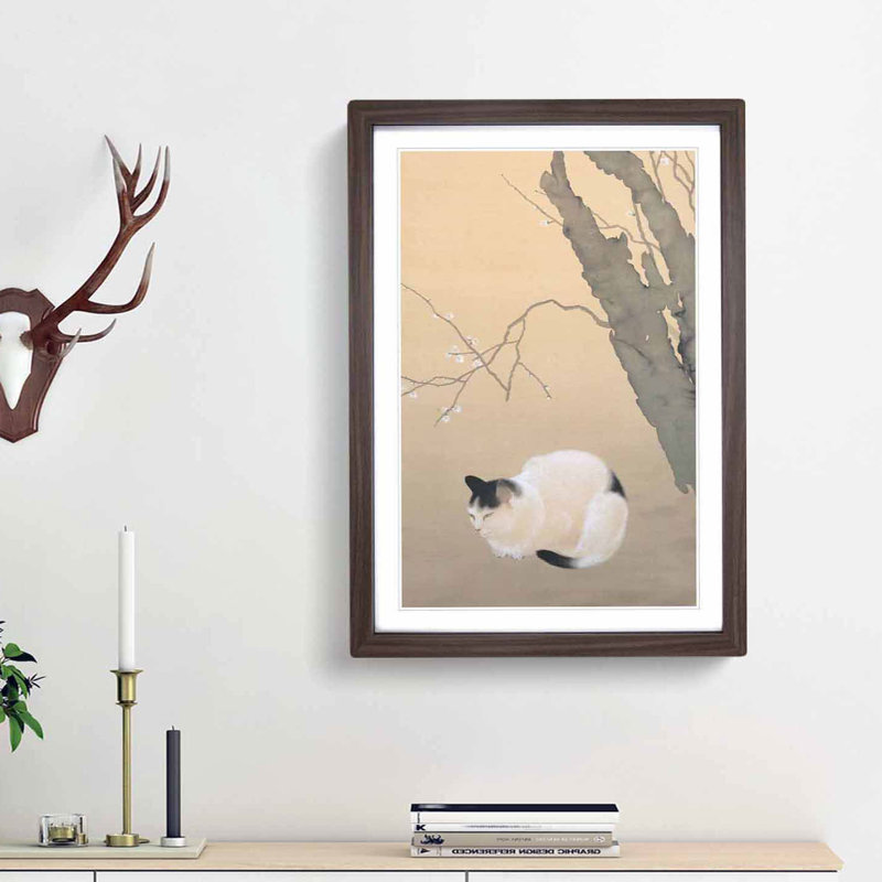 Cat and Plum Blossoms by Hishida Shunso - Picture Frame Painting Print, Walnut Framed, 65cm H x 48cm W x 2cm D