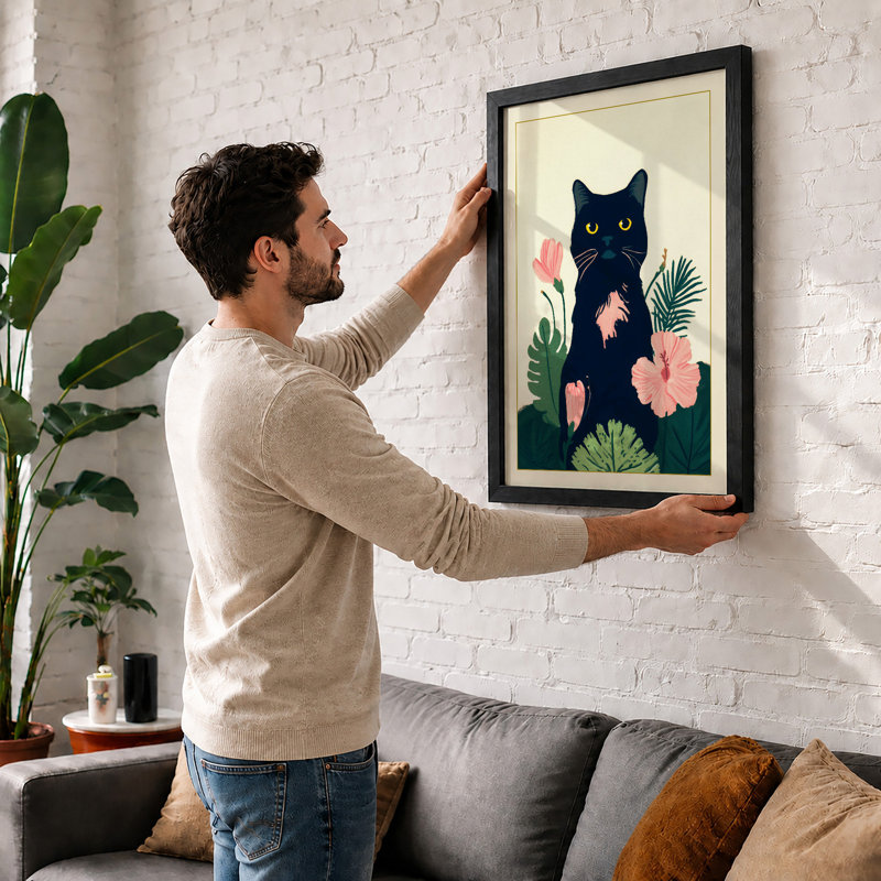 Cat Among Flowers Modern - Single Picture Frame Print, A4 - 29.7 x 21.0 cm, White