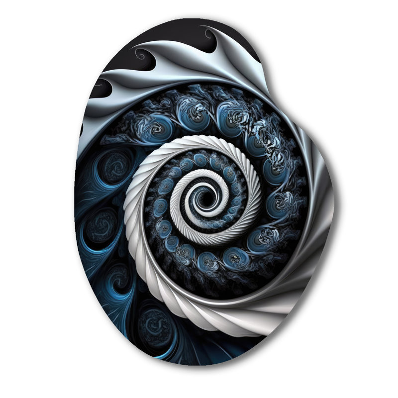 Bleu et blanc vitrail liquide II - Art abstrait en spirale asymétrique, sculpture murale en métal de forme irrégulière