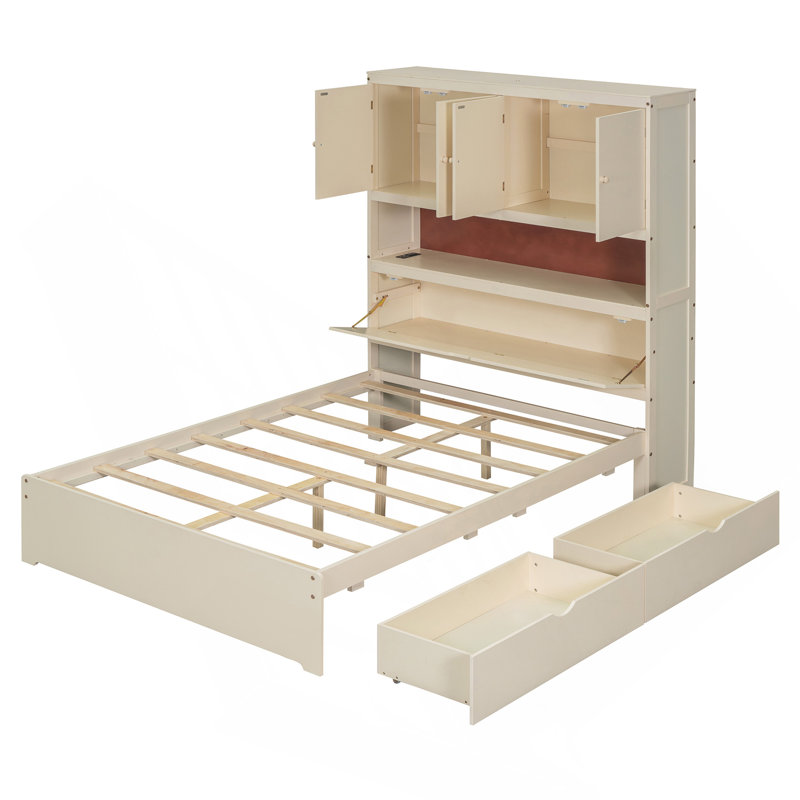 Lit plateforme double en bois avec USB, tête de lit et tiroirs de rangement