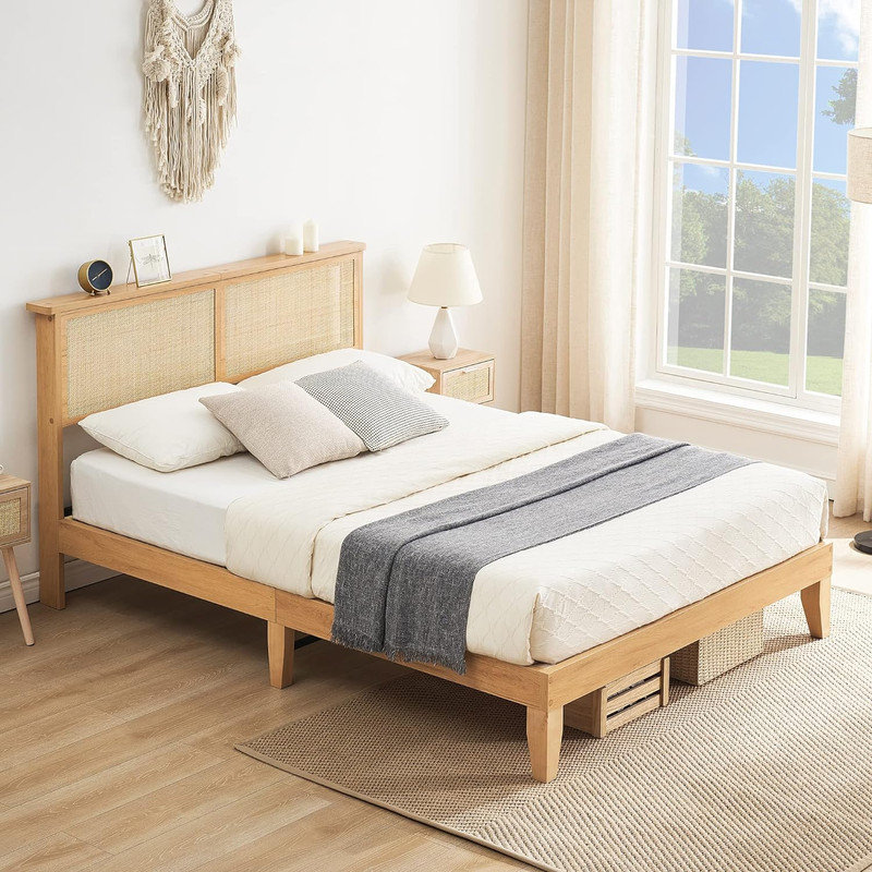 Queen LED Bed Frame With Natural Rattan Headboard, Queen Size Platform Bed Frame With LED Lights And Storage, Sturdy Wooden Slat Support, Mattress Foundation, No Box Spring Needed