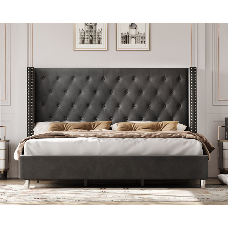 Ariste Upholstered Wingback Bed, Gray