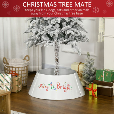 26 Inch White Metal Christmas Tree Collar, Decorative Tree Stand Cover Ring with Merry & Bright Print
