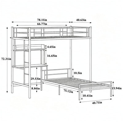 Lit superposé simple au-dessus de simple avec bureau et station de charge Lit superposé en métal en L avec tablettes de rangement et bibliothèque Lit mezzanine avec barrière de sécurité et échelle pour adolescent, noir