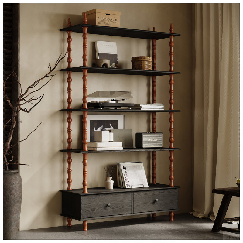 Bibliothèque avec bibliothèque et bibliothèque en bois de 74,4 pouces de hauteur, étagères et tiroirs de rangement noirs à 5 niveaux, tablettes modernes autoportantes en placage de bois massif, salon, salle d'étude, cuisine