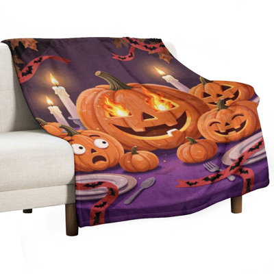 Halloween Pumpkin Luxury Flannel Throw Blanket, Soft Warm Fuzzy Blanket for Living Room Sofa Bed Home Decor