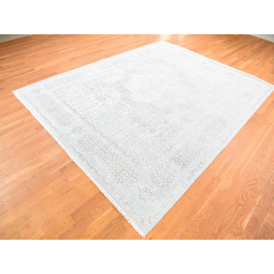 8''1"X10''5" Light Green, Hand-Knotted, Mamluk Design, Pure Silk With Textured Wool, Oriental Rug 40FBA60D15D7480C96F602BAD400D463