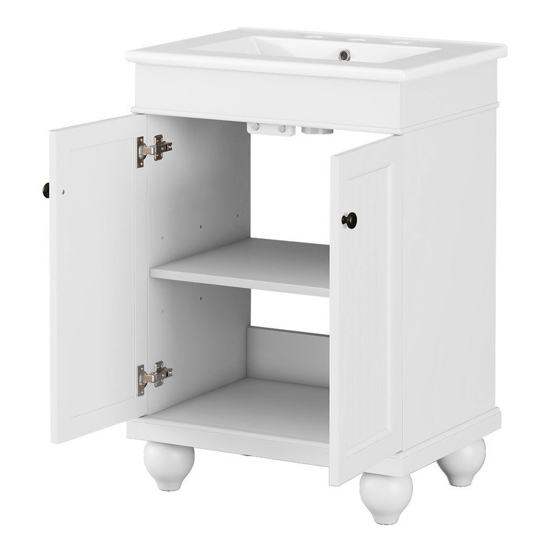 24" White Solid Wood Bathroom Vanity with Ceramic Sink