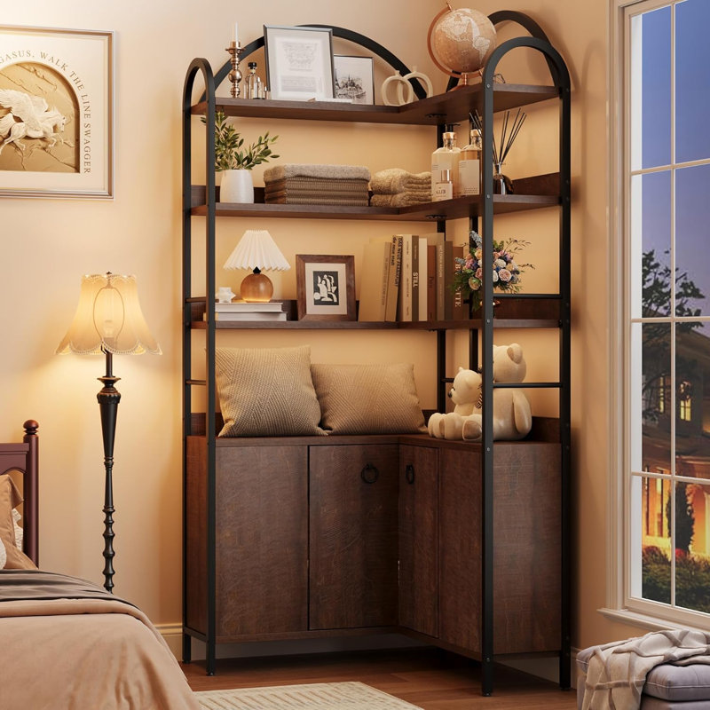 Bibliothèque de coin 74 "à 6 niveaux avec armoire et portes, rangement en L pour bureau à domicile, brun, Brun