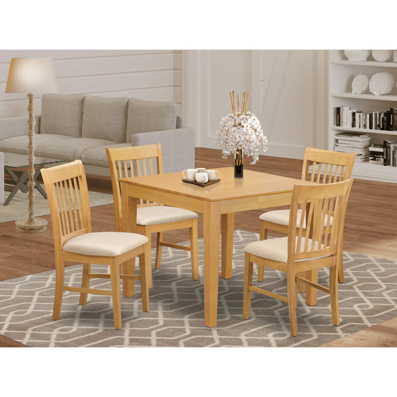 Ensemble de table à manger 5 pièces pour 4 personnes comprenant une table de salle à manger carrée et 4 chaises de salle à manger en tissu de lin, chêne