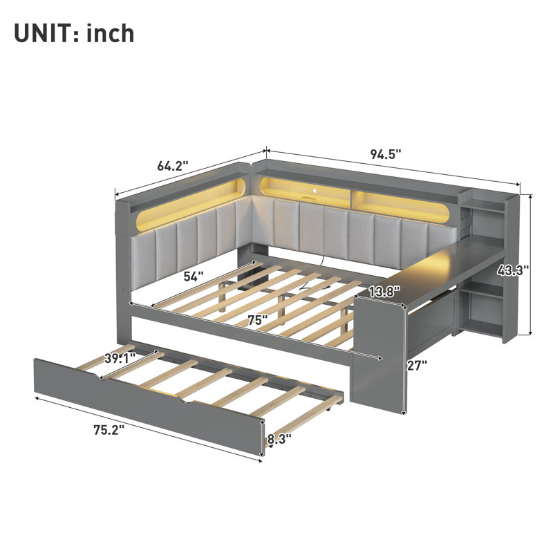 Full Size Daybed with Trundle, Storage Shelves, Desk, Upholstered Headboard, LED Light & Charging Station,Gray, Gray