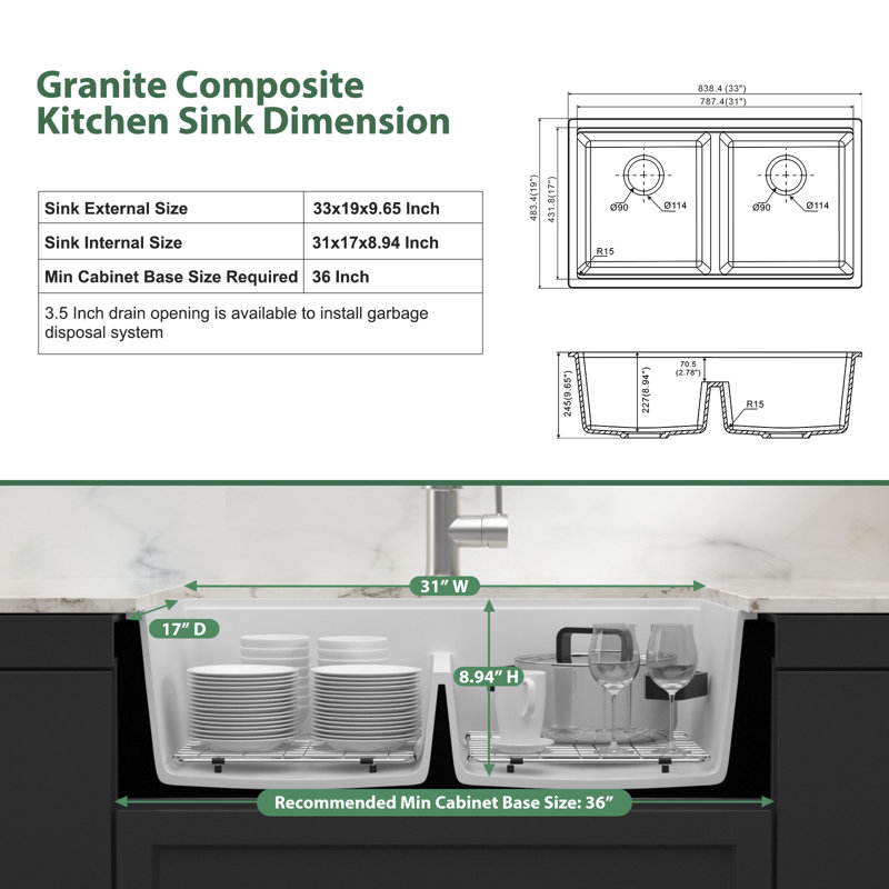 Quartz 33"L x 19"W Undermount Kitchen Sink Workstation Double Bowl Kitchen Sink with Accessories, White