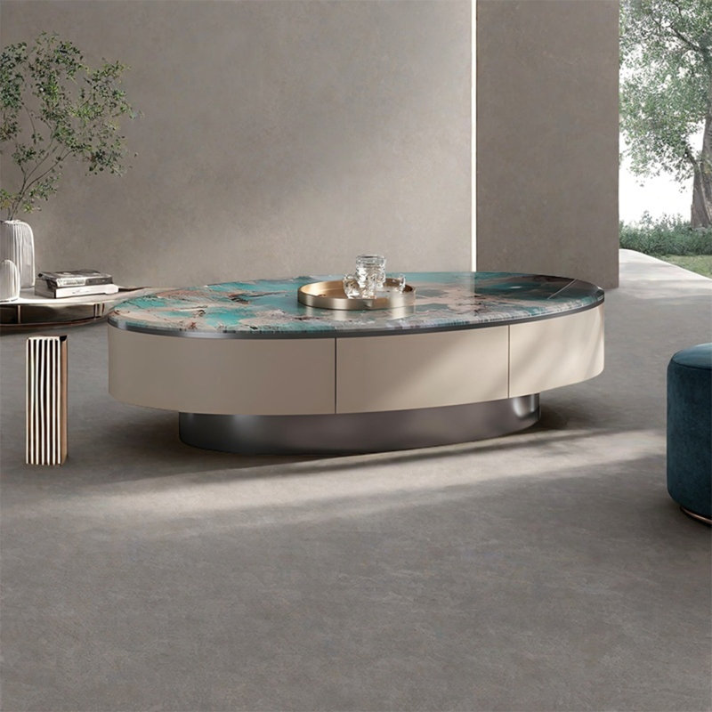 Table basse ovale en marbre clair de luxe, Gris foncé, H 15,7 po x L 39,4 po x l 23,6 po