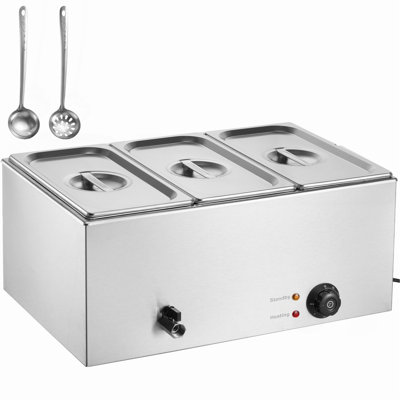 3-Pan Commercial Food Warmer, 17.4QT Electric Steam Table, 1200W Professional Countertop Stainless Steel Buffet Bain Marie with 86-185°F Temp Control for Catering and Restaurants