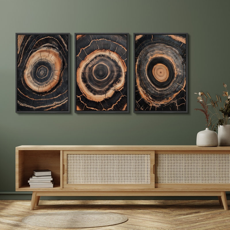 Ensemble d'anneaux d'arbre en toile sur toile, impressions d'art encadrées rustiques pour salon de campagne ou décor intérieur moderne inspiré des bois