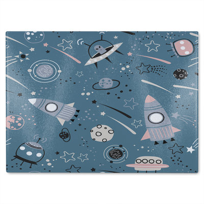 Spaceships And Planets With Stars Glass Chopping Board