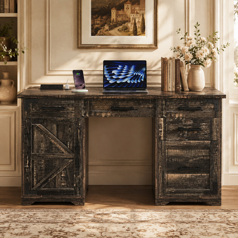 Bureau de direction 55 po, bureau d'ordinateur pour bureau à domicile, bureau, station de travail avec station de charge, armoire latérale et tiroir classeur